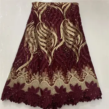 

2020 New Design African Lace Fabric High Quality French Nigerian Embroidered Tulle Lace Fabric With Beads for Wedding dress