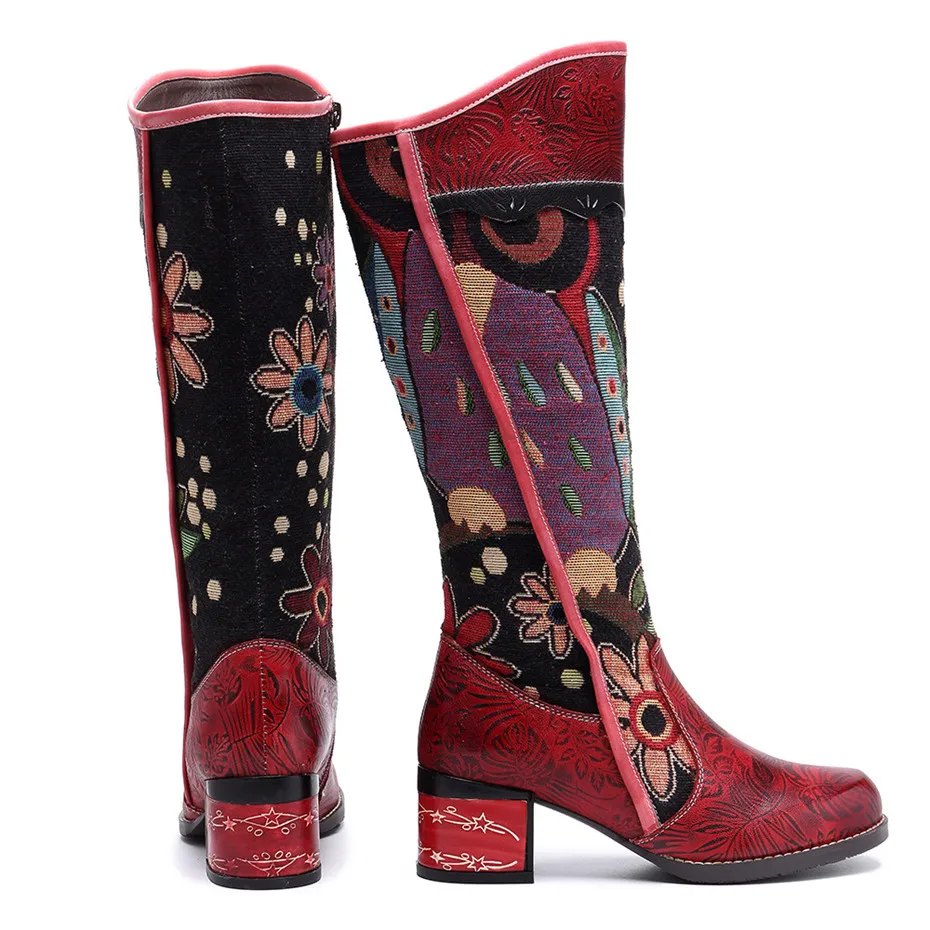 Fashion Patchwork Western Cowboy Boots Women Shoes Bohemian Genuine Leather Shoes Woman Vintage Side Zip Knee High Riding Boots (9)