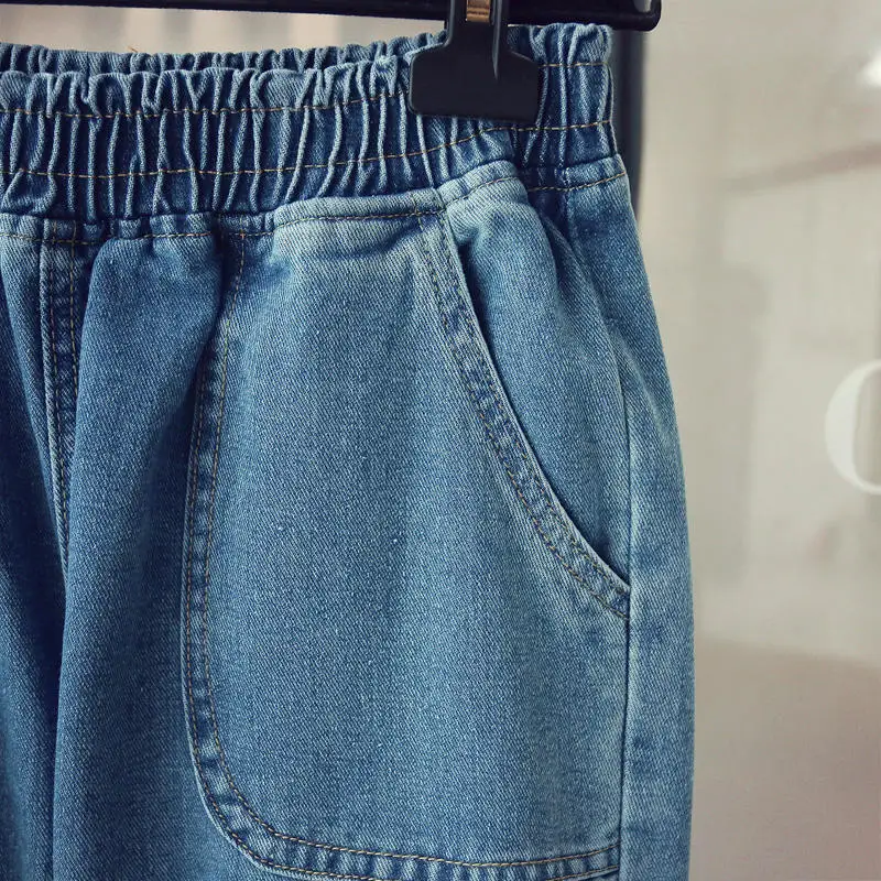 Джинсы большого размера женские с высокой талией шаровары женские свободные эластичные уличные джинсы Синие Джинсы бойфренда для женщин Q1798