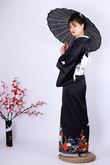 Black traditional Japanese style kimono bag in polyester cotton