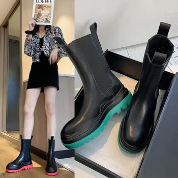 

the same leather British high top short boots thick bottom medium boots boots women's handsome Chelsea red