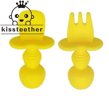 Kissteether – ensemble cuillère et fourchette en Silicone pour bébé, 2 pièces, cuillère d'alimentation pour bébé, formation alimentaire auxiliaire, vaisselle, accessoires d'alimentation pour bébé 