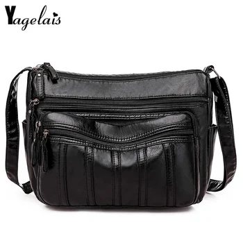 

Fashion Women Crossbody Bag Black Soft Washed Leather Shoulder Bag Patchwork Messenger Bag Small Flap Bag for Girls