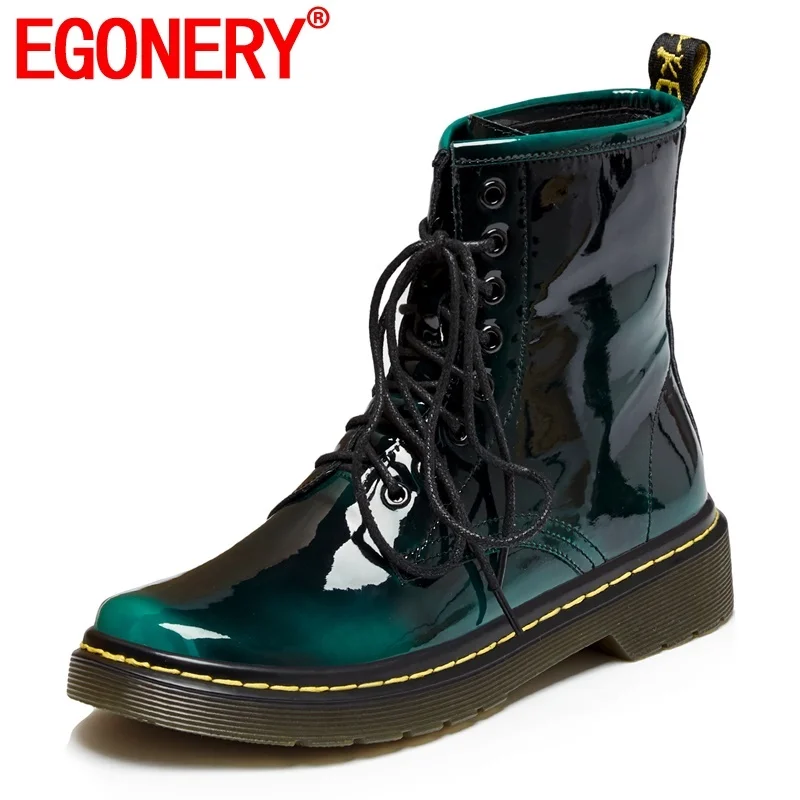 EGONERY/Женская обувь новые модные зимние ботильоны из натуральной кожи с круглым носком обувь на платформе и среднем каблуке с перекрестной шнуровкой Прямая