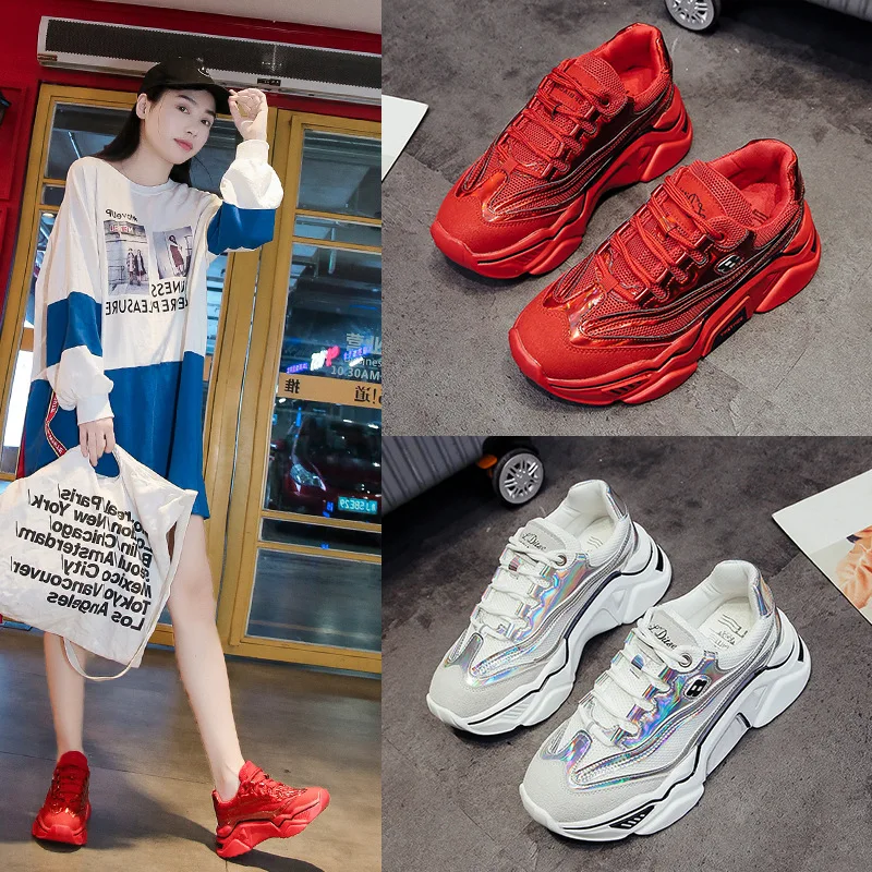 

2019 Autumn New Style Chinese Red Dad Shoes Women's Thick Bottomed Extra High Breathable Trendy Shoes INS Casual Sports Versatil