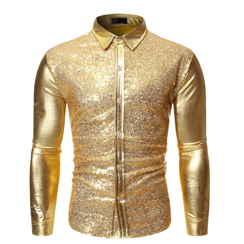 Золотая блестящая рубашка в стиле пэчворк с блестками для мужчин Camisa Masculina, модная блестящая одежда для ночного клуба, мужские платья, рубашки для вечеринки, выпускного вечера