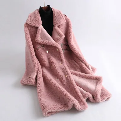 Зимняя женская куртка, пальто из натурального меха, женская одежда, плюшевое пальто, Корейская элегантная Длинная шерстяная куртка, женские пальто из натурального меха - Цвет: Dark pink