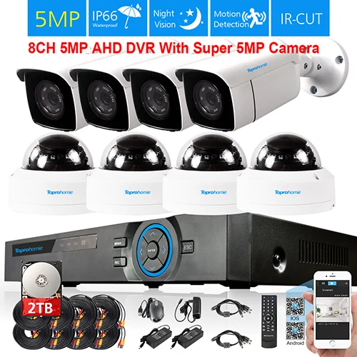 Toprohoime H.265+ 8ch CCTV AHD DVR Системы HD 5MP 1/3 ''sony IP66 Антивандальная в/на открытом воздухе безопасности Камера комплект видеонаблюдения 2T - Цвет: 2 Bullet and 2 Dome