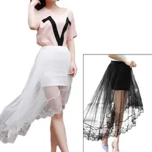 Women Girls Summer High Waist Layered Sheer Mesh Swallowtail Midi Long Skirt Asymmetric Scalloped Lace Hem Pleated Party Dress