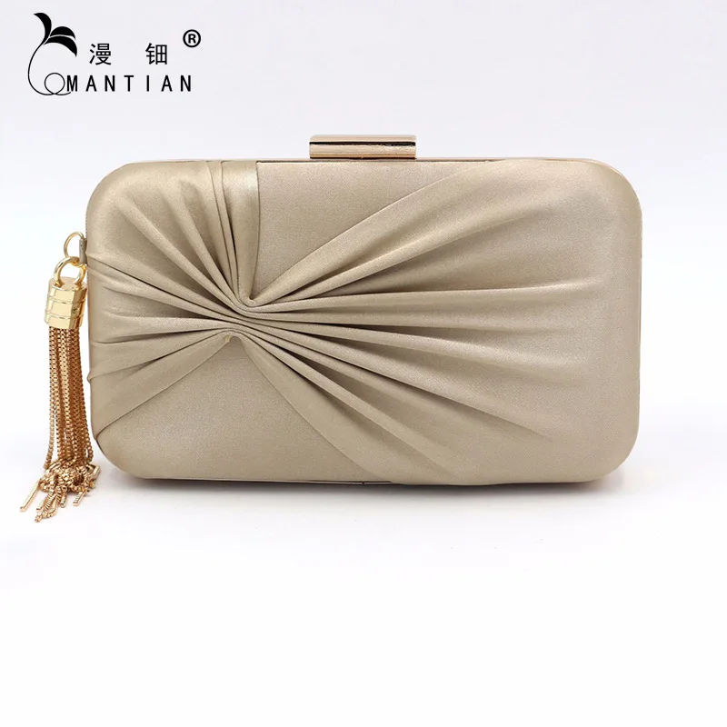 

Retro Rectangular Bow Evening Bag Diamond Set Buckle Evening Bag Women's Imitated Silk Fabric Tassels Clutch Bag