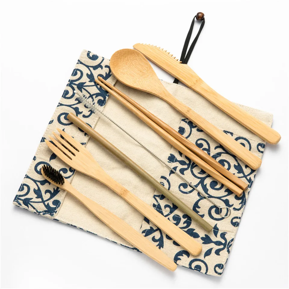 

High Quality Cutlery Set Reusable Wooden Cutlery Fork Spoon Knife Toothbrush Chopsticks with Cutlery Bag for Travel Tableware