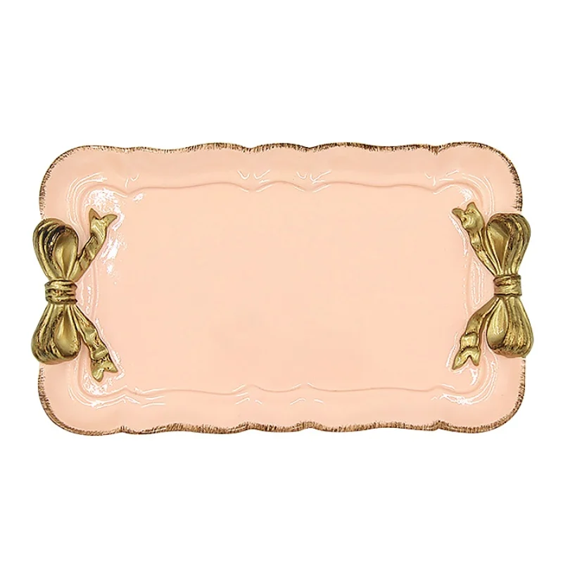 Розовый Creative Vintage Bow Decorative Tray Resin Storage Tray For Jewelry Cosmetic Key Food Organizer Holder Kitchen Accessories - Цвет: Розовый
