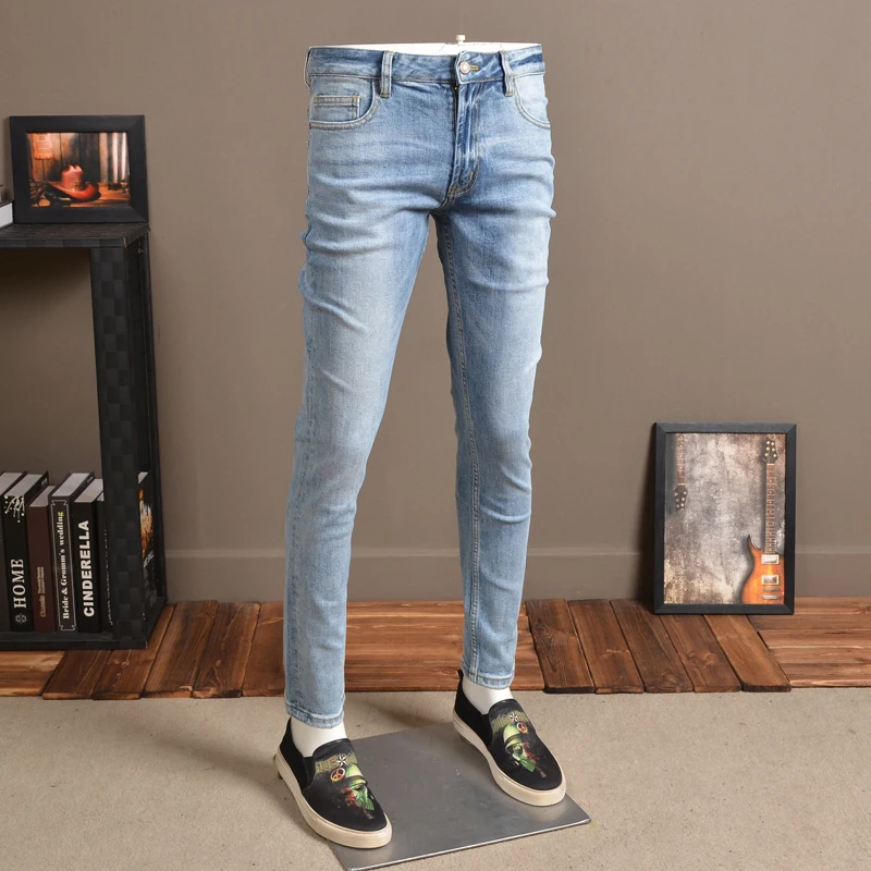Fashion Mens Skinny Jeans Streetwear Elastic Thin Blue Pants for Cowboys P83