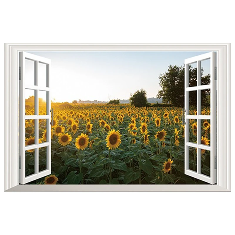 3D Fake Window Sunflower View Scenery Wall Sticker Mural Art Decal for Home Decor