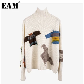

[EAM] Pattern Split Knitting Sweater Loose Fit High Collar Long Sleeve Women Pullovers New Fashion Tide Spring Autumn 2020 1K051