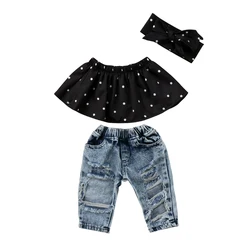 Verão infantil bebê meninas 3 pçs conjunto plissado fora do ombro onda ponto topos + jeans rasgados arco bandana outfit