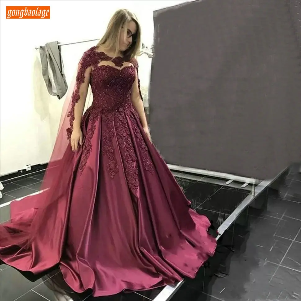 

Excellent Burgundy Arabic Evening Dresses O Neck Lace 3D Floral Applique Formal Dress Party Women Satin Sweep Train Evening Gown