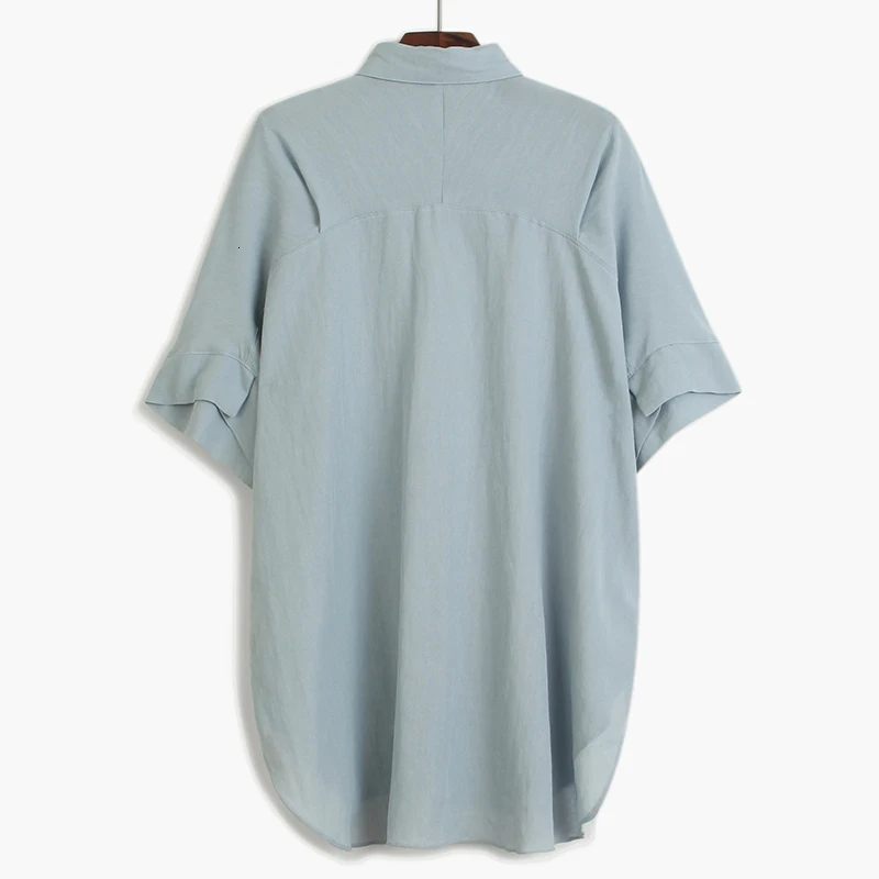 [EAM] Новинка, весенне-летняя синяя свободная рубашка с отворотом и коротким рукавом большого размера, женская блузка с асимметричным подолом, модная одежда JQ791