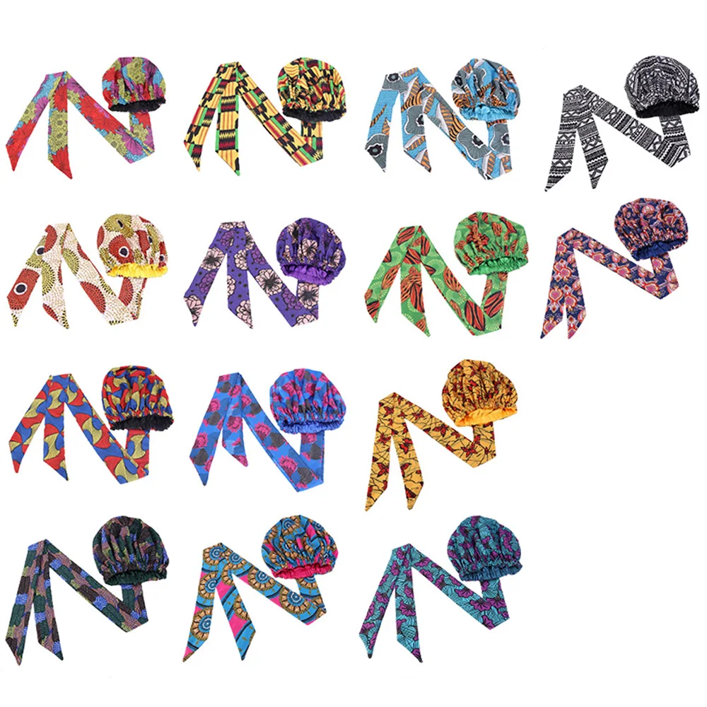 8pcs/set New African Print Satin Bonnet with Long Ribbon Wrap Women Double Layer Headwrap Ankara Pattern Hair Cover Accessories