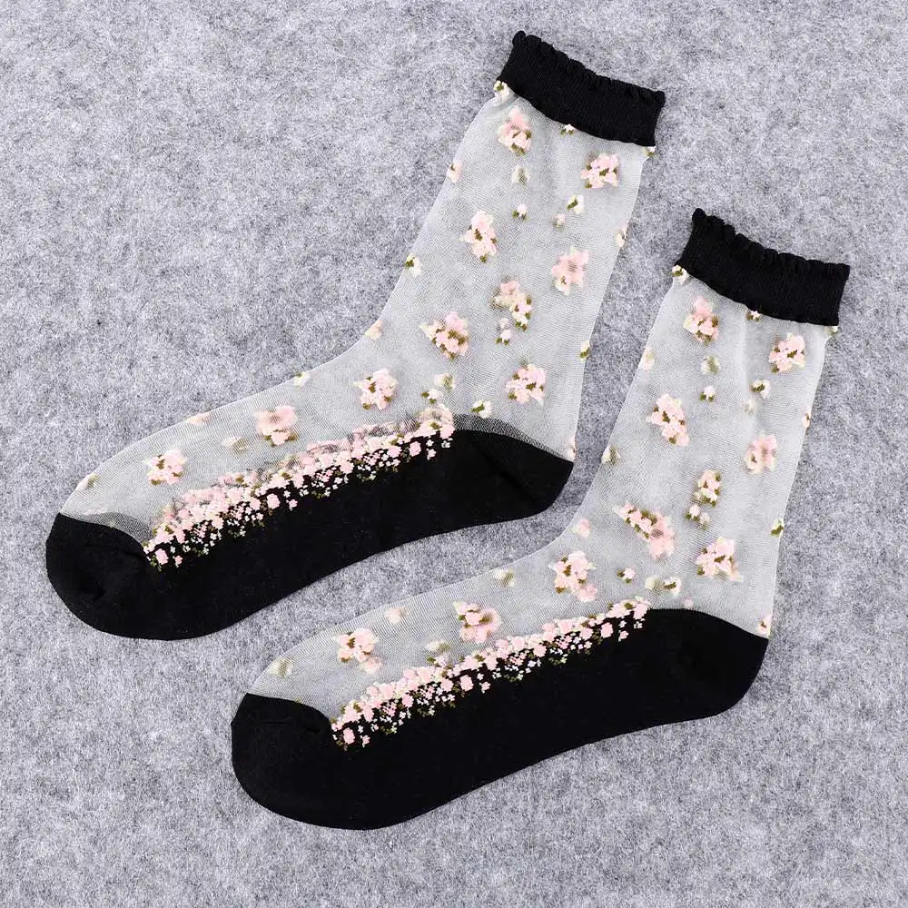 1 пара дышащих ультратонких носков летние женские прозрачные кружевные шелковые хрустальные винтажные с цветами эластичные короткие носки - Цвет: black white