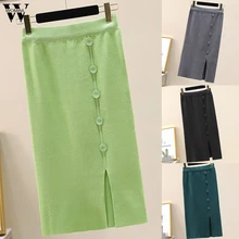 Womail, Женская юбка, элегантная,, модная, Женская юбка, осенняя, с разрезом в бедрах, юбка-карандаш до колена, Вязанная, элегантная, с высокой талией, юбка