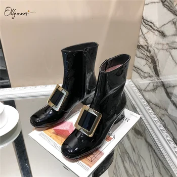 

OllyMurs New Fashion Crystal Genuine Leather Boots Round Toe Side zip Thick Mid Heel Women Autumn Winter Ankle Boots Shoes Woman