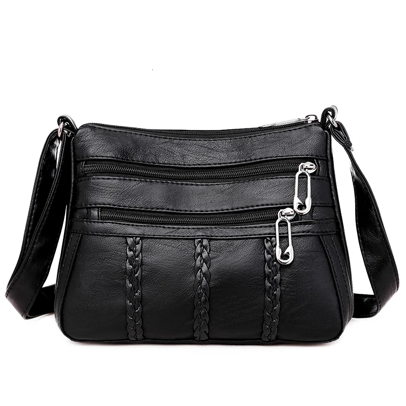 

Fashion Black Small Women Messenger Bag Soft Washed PU Leather Crossbody Bag Multi-pocket Female Handbag Purses Chain