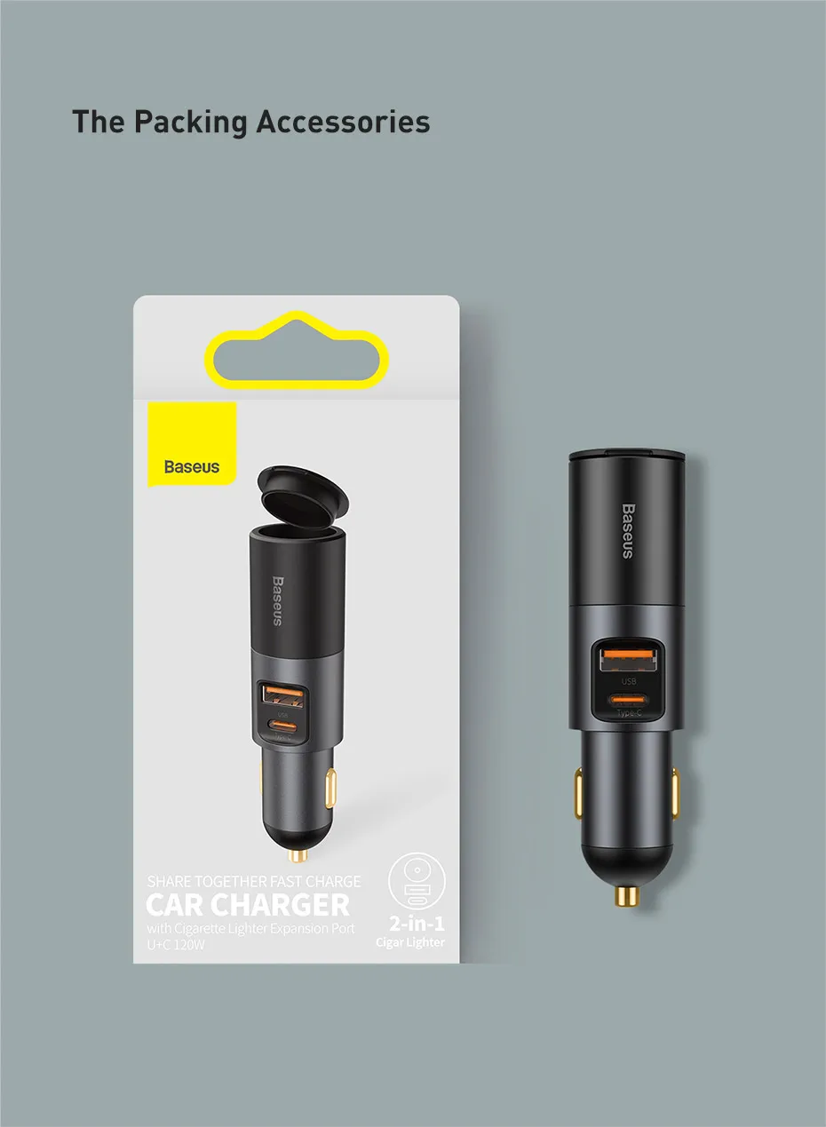 Baseus 120W Car Charge Fast Charger with Cigarette Lighter Phone charger Work with Car from 12V to 24V For IPhone Huawei Samsung car type c charger