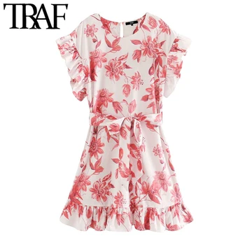 

TRAF Women Chic Fashion Floral Print Ruffled Mini Dress Vintage Short Sleeve With Belt Female Dresses Vestidos Mujer
