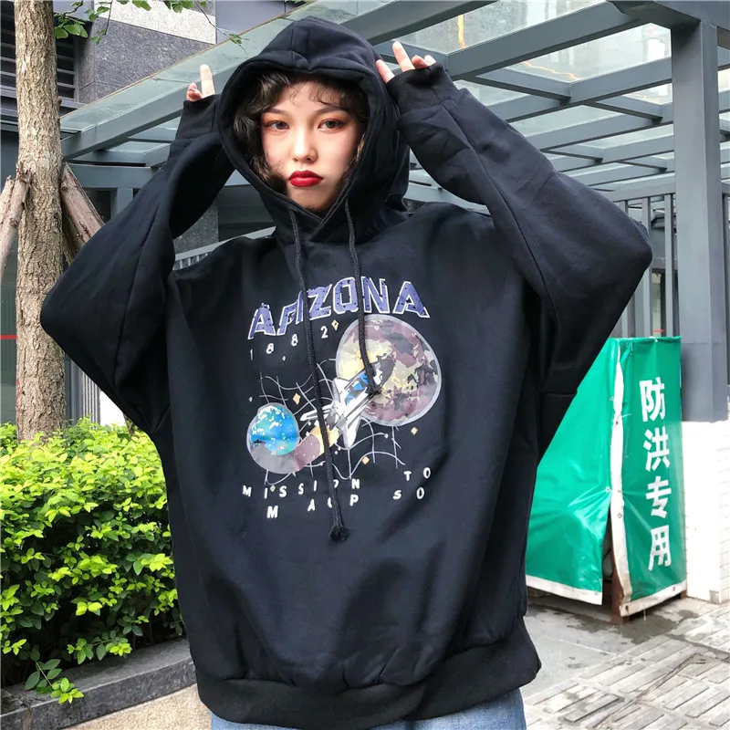 Paris Girl Women Loose Restore Star Airship Printing Black Thin Pullover O-neck Hoddie Sweatshirt Girls White Gray Hoodies