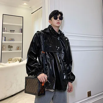 

Men Autumn New Hooded Pullover Leather Jacket Coat Male Streetwear Hip Hop Casual Black Bright Leather Jacket Outerwear