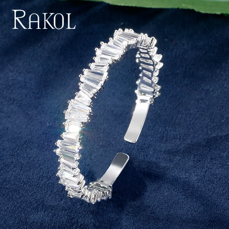 RAKOL модный AAA кубический цирконий мужской женский багет Открытый браслет манжета медная основа с золотым цветом толстый браслет ювелирные изделия RS1138