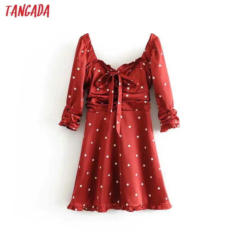 Tangada модное женское красное платье в горошек с галстуком-бабочкой, женские плиссированные мини-платья с оборками, вечерние 3D11 Tangada модное женское красное платье в горошек с галстуком-бабочкой, женские плиссированные мини-платья с оборками, вечерние 3D11