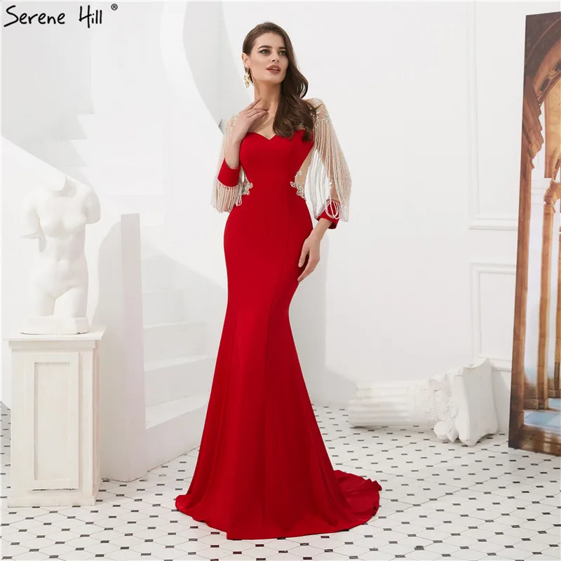 Сексуальное красное платье с длинным рукавом для выпускного вечера, длинное платье с кисточками и бусинами, платья для выпускного вечера Serene hilm LA6618