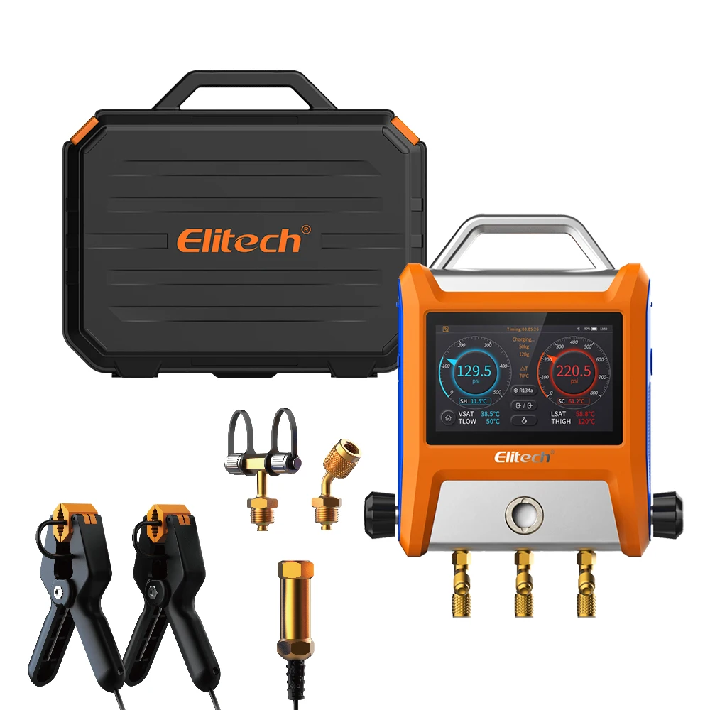 Elitech EMG-20V Intelligent 2 Valves Digital Manifold Kit with 5” Smart Touch Screen HVAC Gauge with Bluetooth