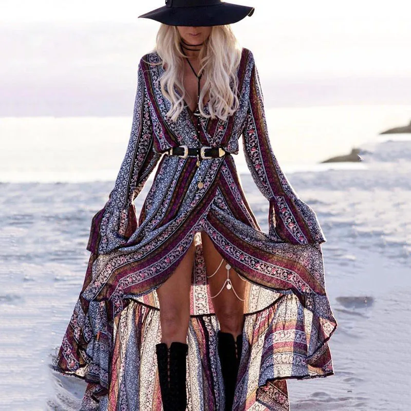 

Bohemian Printed V-Neck Bandage Maxi Dress Long Flare Sleeve Mermaid Ruffle Hem Stitching Long Dress Sexy Women Boho Beach Dress