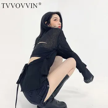 

China Sexy Hollow Out Black T Shirt Women Clothes 2020 Spring Summer New Fashion Loose Pullover Full Sleeve Vintage Tee P012