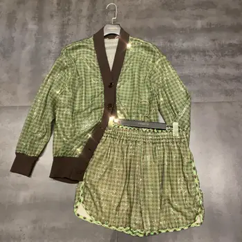 

2020 Full Sequins 2 Shorts Set Plaid V-neck Long Sleeve Jacket Top + Elastic Waist Shorts Two Piece Set