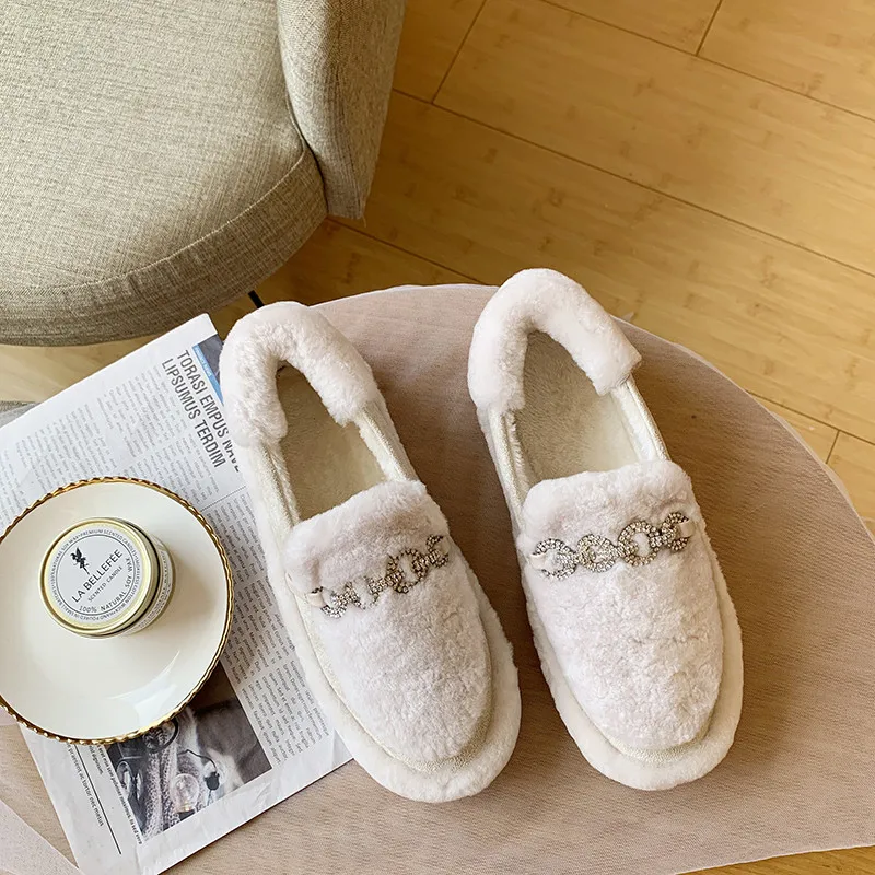 winter warm women cotton shoes creeper bottom anti-skid fur slip-on loafers rhinestone metal chain lazy outside casual moccasins