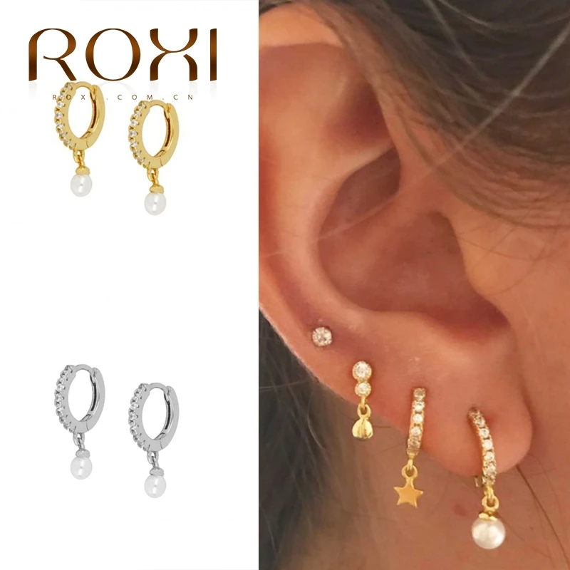 ROXI 925 Sterling Silver Pearl Pendientes Drop Earrings for Women Brincos Hoop Round Zircon Crystal Jewelry Kolczyki Earing