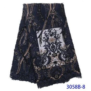 

High Quality Latest Lace Fabric 2019 Navy Blue Embroidery Applique Heavy Lace Fabric Indian Fabrics For Dresses Wedding QF3058B
