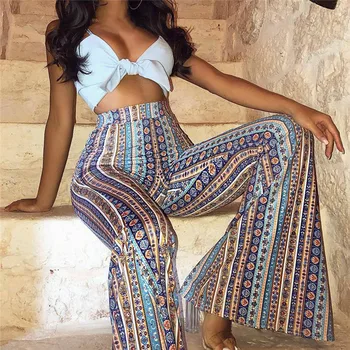 

2020 Women Boho Flare Pants High Elastic Waist Vintage Soft Stretch Pants Striped Printed Ethnic Style Lady Bell Bottom Pants