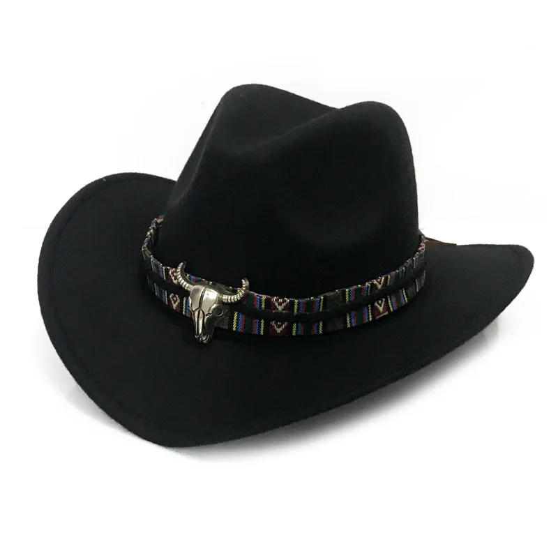 YY металлическая Bull лента Fedoras Мужская зимняя Осенняя ковбойская джазовая шляпа Женская Трилби фетровая шляпка Cowgirl Jazz Toca Sombrero FD19013 - Цвет: Black Cowboy Fedora