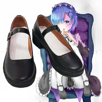 

Re:Zero kara Hajimeru Isekai Seikatsu Ram Rem Kasugano Sora Women Maid Black Leather Flat Low Heel Shoes Cosplay Princess shoes