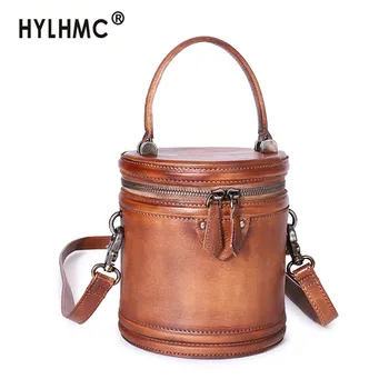 

2020 New Leather Literary Small Bag Women Bucket Bag Shoulder Messenger Bag Retro Handmade Soft Genuine Leather Female Ladies