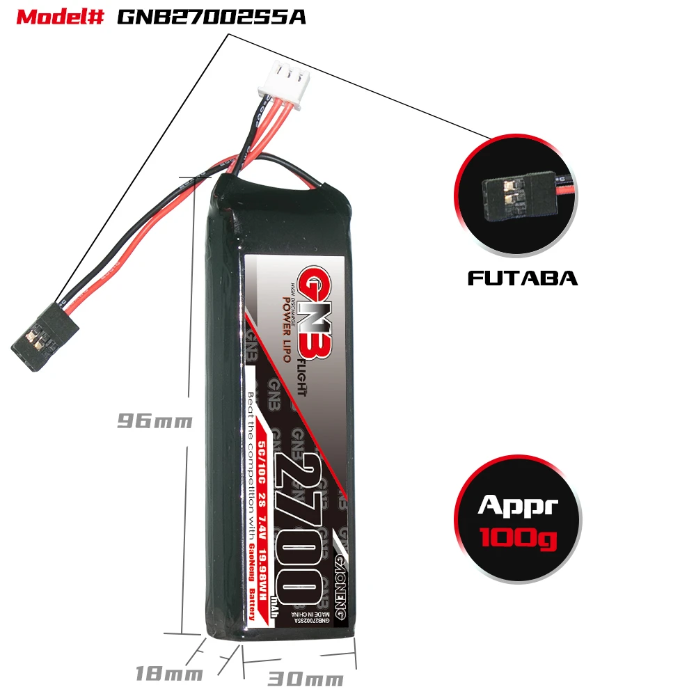 Литий-полимерный аккумулятор Gaoneng GNB 2700 мАч 7 4 В 5C/10C 2S1P с штекером Futaba для