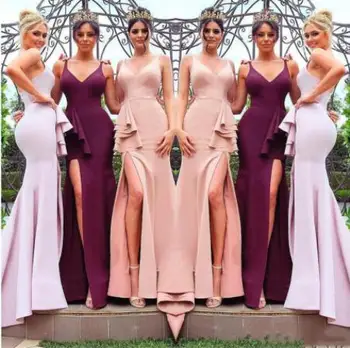 

Fashionable Mermaid Bridesmaid Dresses With Sexy V Neck Sleeveless Wedding Party Gowns Slit Stain Vestido de festa longo