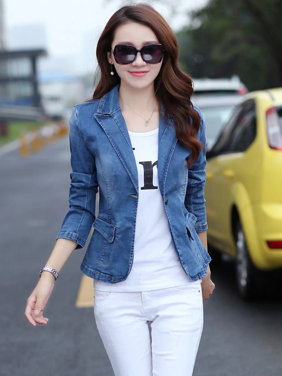 

Slim Denim Jacket Spring Autumn Causal Blue Long Sleeve Jeans Jacket One Button New Fashion Slim Suit Jacket Women Clothes Tops