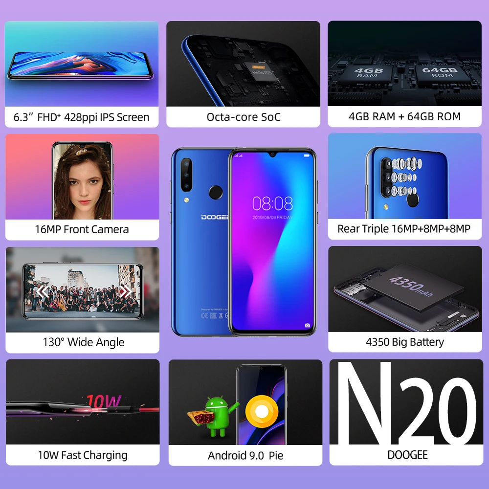 DOOGEE N20 Mobilephone Fingerprint 6.3inch FHD+ Display 16MP Triple Back Camera 64GB 4GB MT6763 Octa Core 4350mAh Cellphone LTE