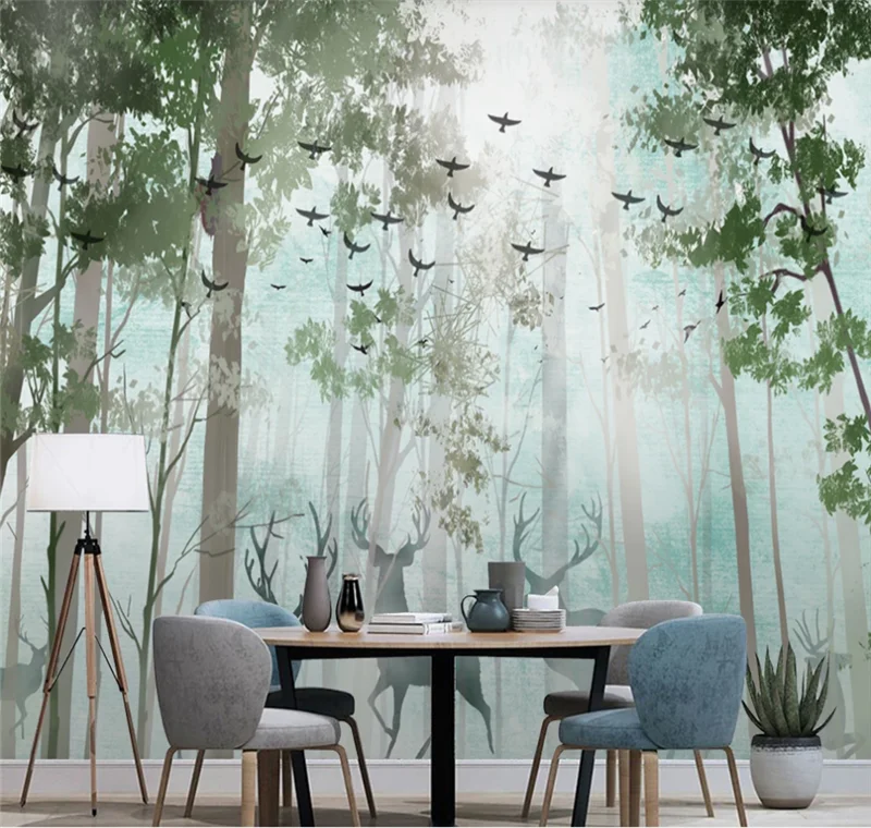 Xuesu Modern simple and fresh forest elk Nordic TV sofa background wall custom wallpaper 3D/5D/8D beibehang customize the new modern visual space office simple and atmospheric geometric architectural wallpaper papier peint